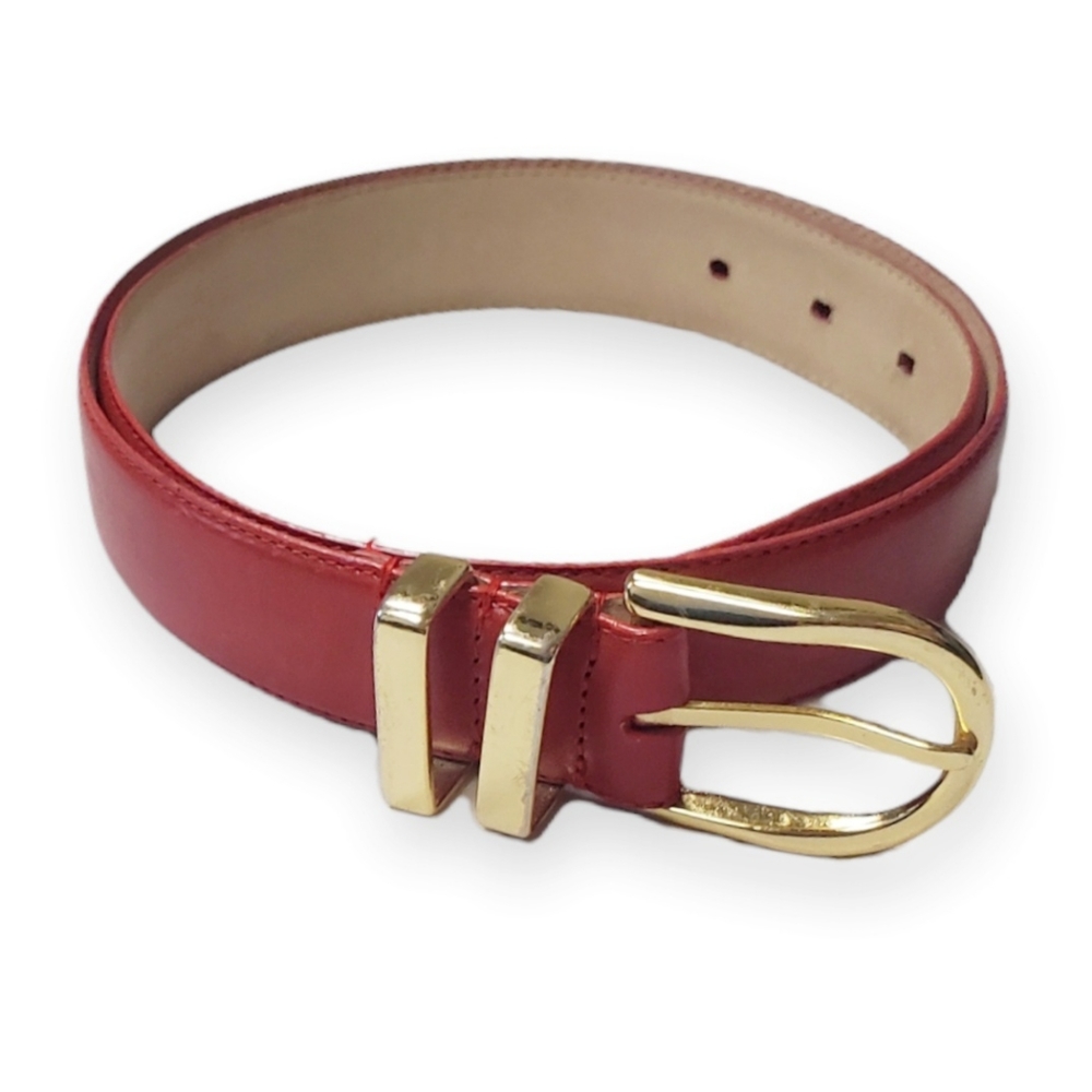 Talbots Red Leather Belt with Gold Buckle